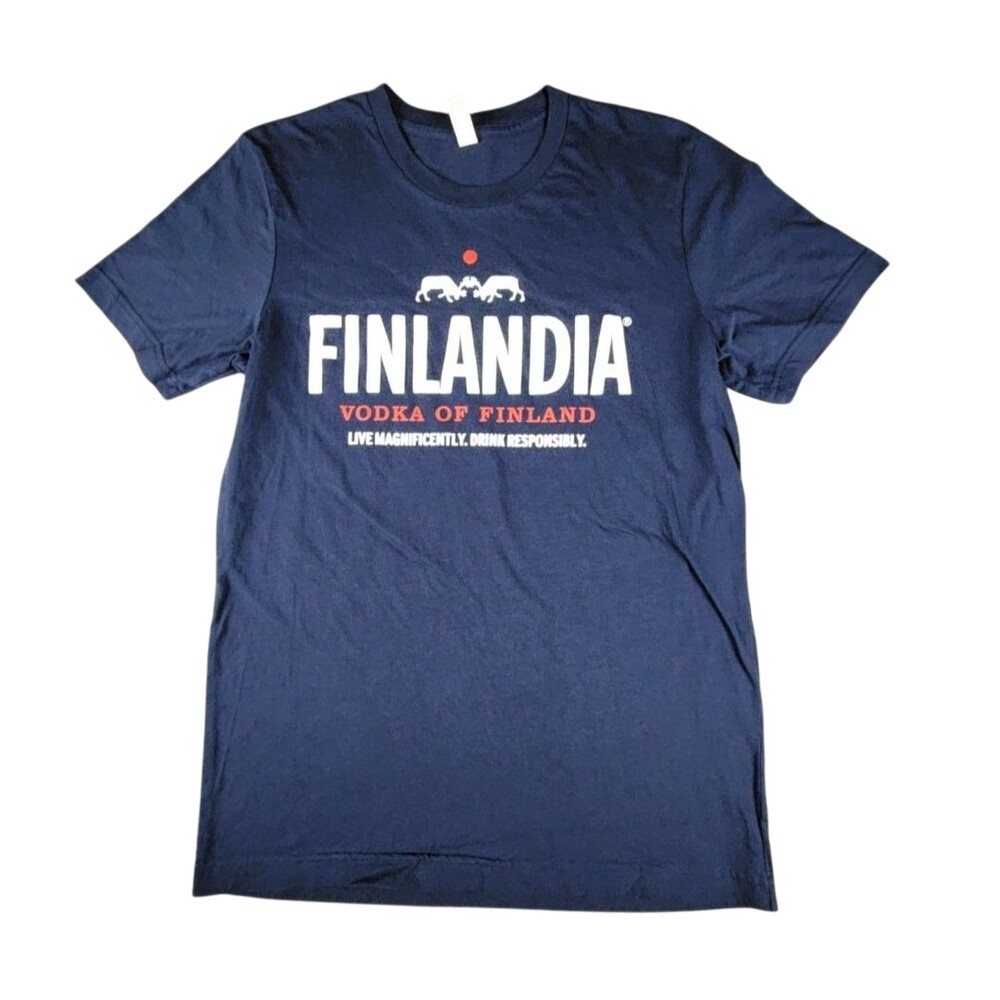 Finlandia Vodka Shirt Mens Medium Blue Canvas Logo Graphic Tee Finland Slogan